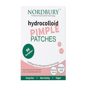 May include: A white box of Nordbury hydrocolloid pimple patches. The packaging features the text "hydrocolloid PIMPLE PATCHES" in pink, with a green circle indicating 96 patches. Additional text includes "Invisible+" and "Drug-free".