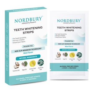 May include: A box and a packet of Nordbury teeth whitening strips. The box and packet are white and teal, with the words "Teeth Whitening Strips" and "Mint Flavour" in bold text. The box contains 42 strips for 21 treatments.