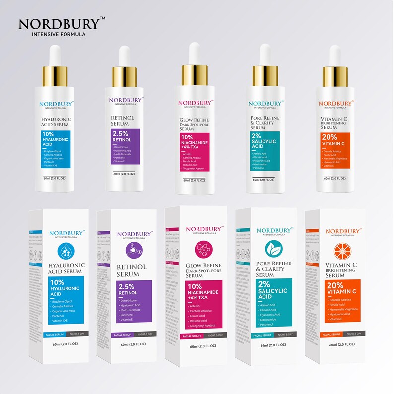 May include: A collection of skincare products from Nordbury, featuring serums with Hyaluronic Acid, Retinol, Niacinamide, Salicylic Acid, and Vitamin C. Each bottle and box displays the product name and key ingredients, with a white and gold color scheme.