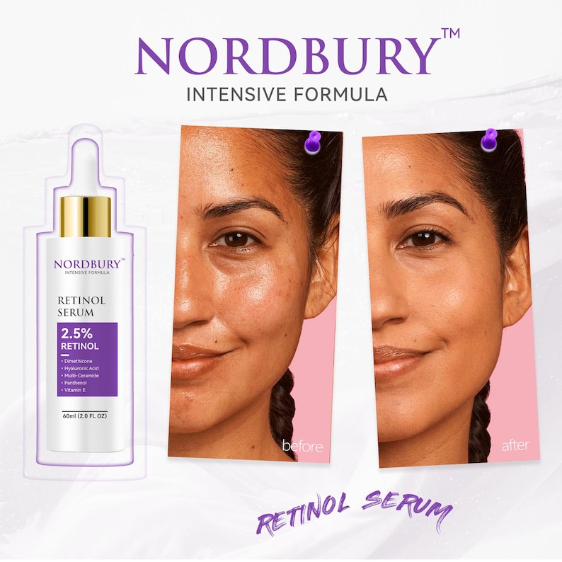 May include: A white and gold Nordbury Retinol Serum bottle with a purple label, next to a before-and-after comparison of a woman's face. The text on the bottle reads "2.5% Retinol" and "60ml (2.0 FL OZ)". The words "Retinol Serum" are written in cursive.