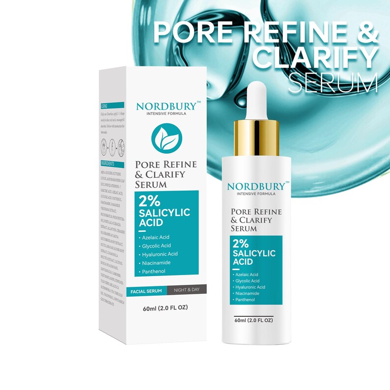 May include: A white and teal box and bottle of Nordbury Pore Refine & Clarify Serum. The box and bottle have the text "2% Salicylic Acid" and a list of ingredients. The bottle has a dropper and is 60ml (2.0 FL OZ).