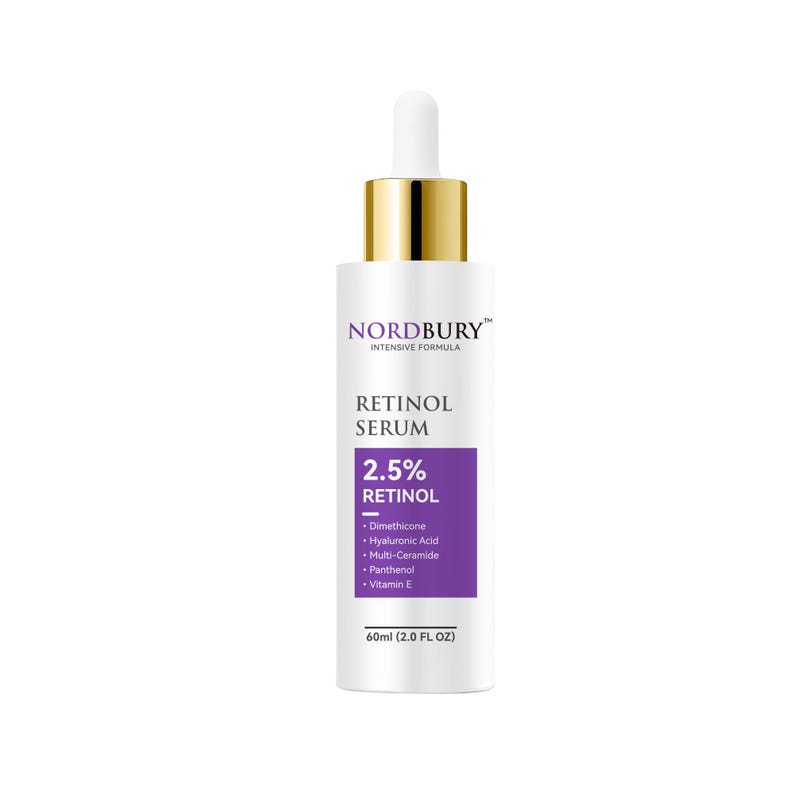 May include: A white bottle of Nordbury Retinol Serum with a gold dropper. The label features the text "RETINOL SERUM 2.5% RETINOL" and lists ingredients. The bottle contains 60ml (2.0 FL OZ).