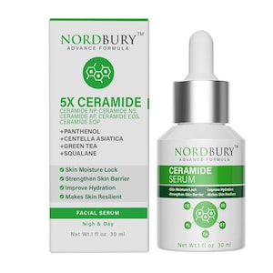 May include: A white and green box and bottle of Nordbury Ceramide Serum. The box reads "5X Ceramide" and lists ingredients like Centella Asiatica and Green Tea. The bottle has a dropper and the text "Ceramide Serum". Each container holds 1 fl oz (30 ml).