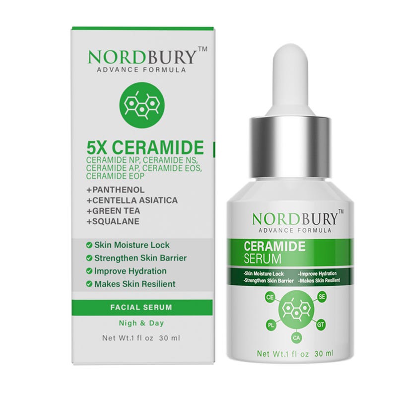 May include: A white and green box and bottle of Nordbury Ceramide Serum. The box reads "5X Ceramide" and lists ingredients like Centella Asiatica and Green Tea. The bottle has a dropper and the text "Ceramide Serum". Each container holds 1 fl oz (30 ml).