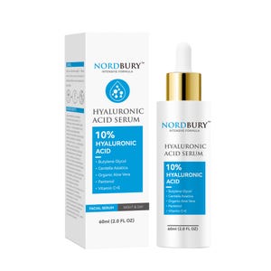 May include: A white bottle of Nordbury Hyaluronic Acid Serum with a gold dropper and a matching box. The label reads "10% Hyaluronic Acid" and lists ingredients. The bottle and box are labeled "Facial Serum" and "Night & Day". The bottle contains 60ml.
