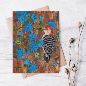 Card with Bird; Card with Woodpecker; Nature Card; Birds and Flowers Card; Original Artwork Card; Authentic Art Card