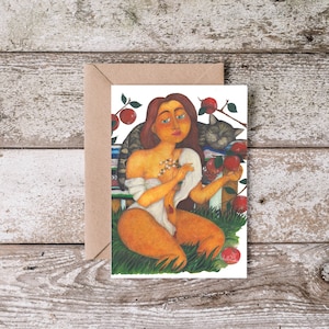 Unique Greeting Card, Cat Woman Card, Beautiful Blank Card, Bucolic Card, Woman Birthday Card, Ethnic Greeting Card