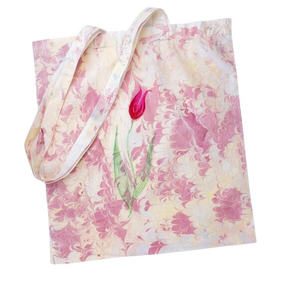 Tulip tote, 100% cotton, hand marbled, one of a kind pink and cream shopper with a painted tulip, 38 x 42 cm approx.