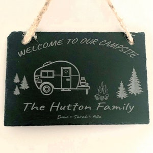 Family Camping Sign on Black Slate - 12&quot; x 8&quot; Personalized with Family name and members