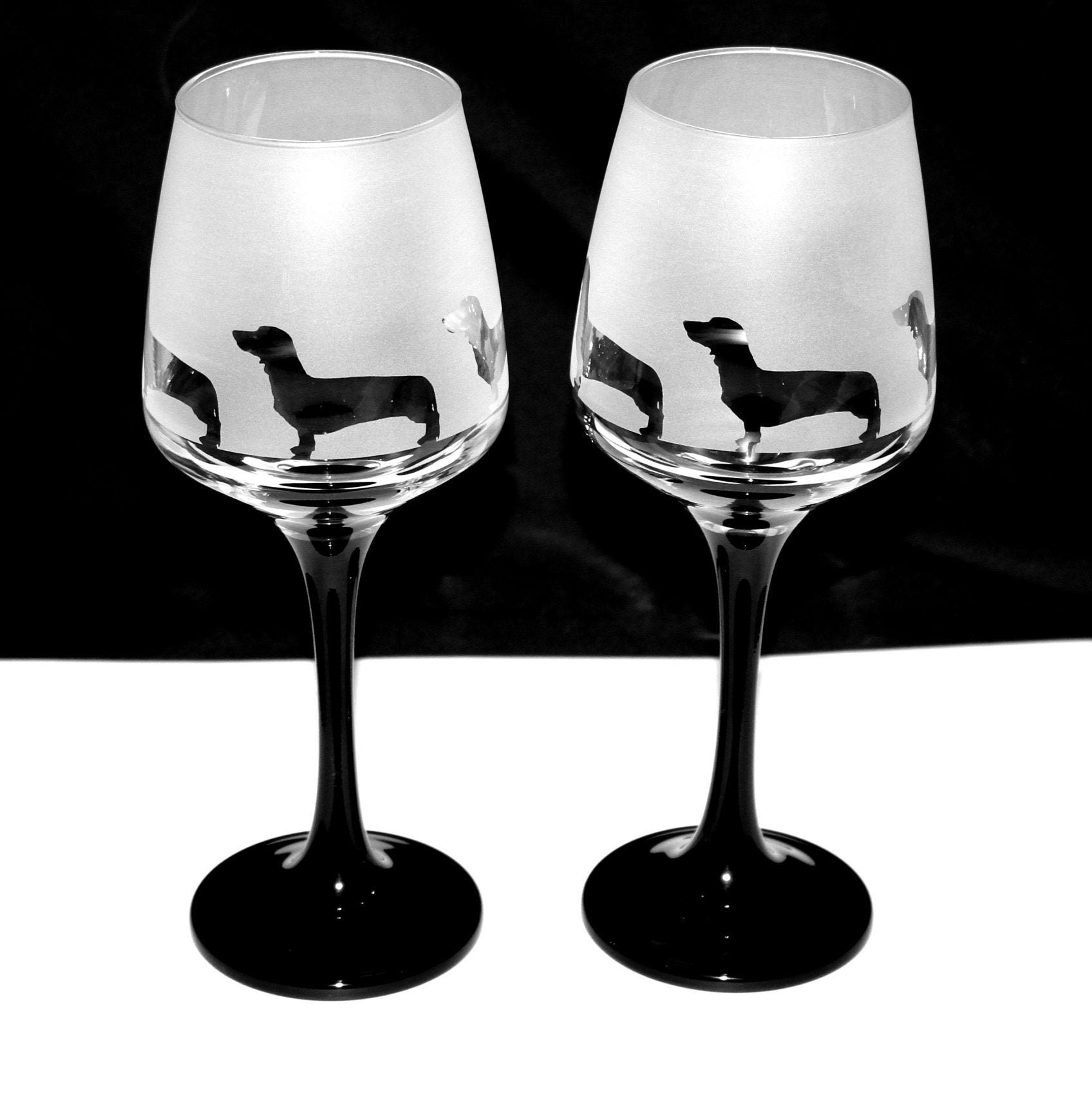 New etched Dachshund dog gift Wine Glasses black stem Boxed Etsy