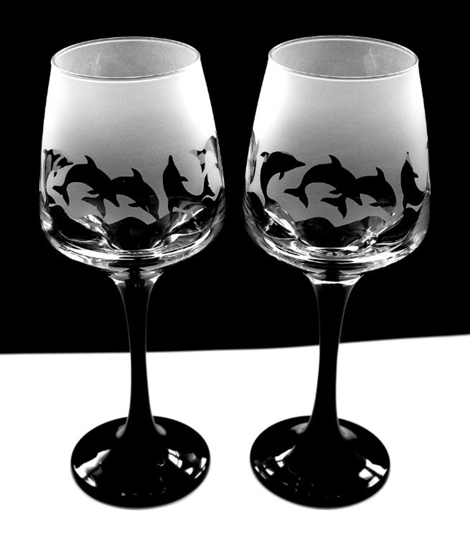 New Etched Dolphin Gift BLACK STEM Wine Glasses Boxed Etsy