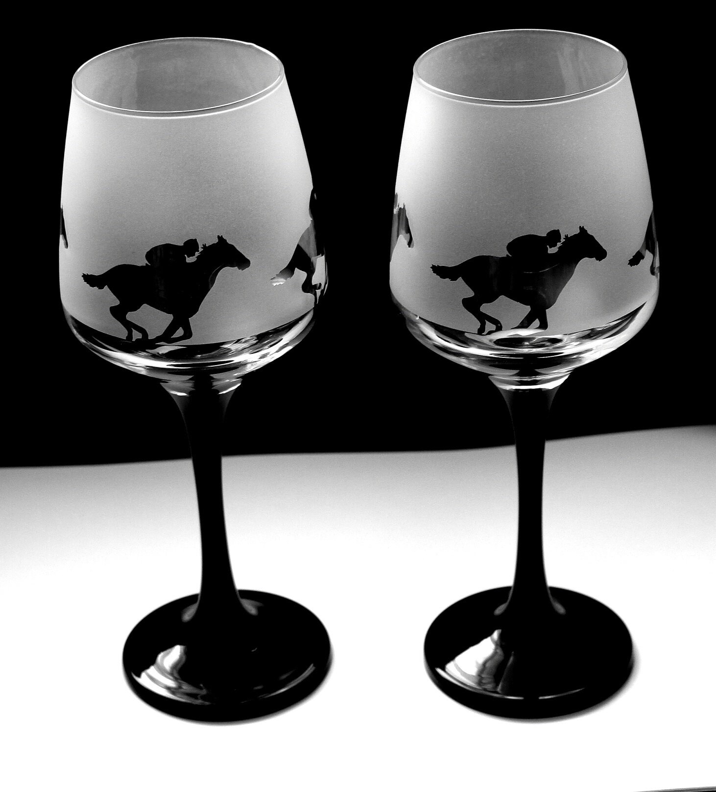 New etched Horse Racing gift Wine Glasses with BLACK STEM Etsy