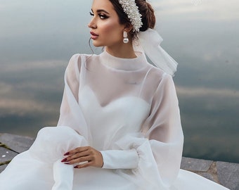 High neck organza wedding dress long sleeves, A line classic minimalist wedding dress long sleeve, ALL SIZES, elegant simple bridal dress