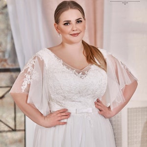 Plus size Wedding Dress with butterfly sleeves, bridal dress, curvy bride Wedding dress, bridal dress, a line wedding dress