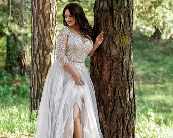 Beautiful Plus Size lace and tulle wedding dress long sleeves, beautiful lace tulle plus size wedding dress, plus size bride dress a line