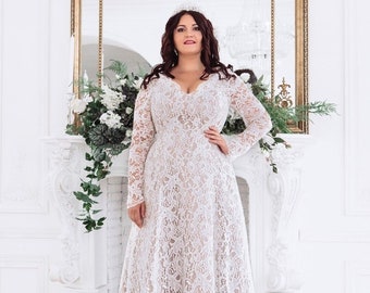 Plus Size Lace Dress With Long Sleeves Bridal Dress - Etsy
