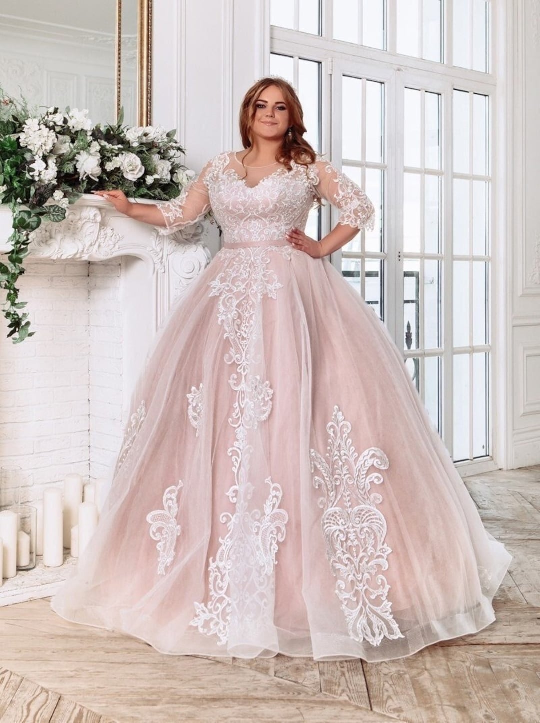 C2022-SLSB448 - Sheer long sleeve plus size wedding gown with Swarovsk –  Darius Fashions