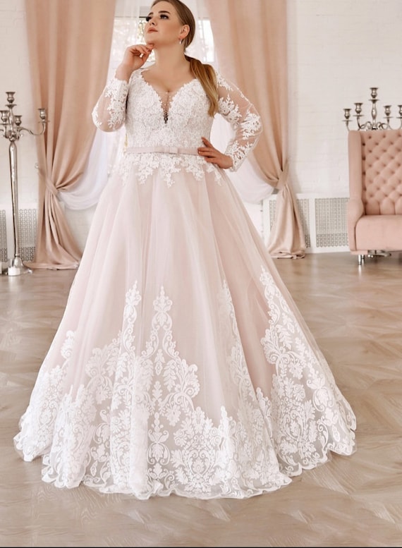 Plus Size Princess Wedding Dress, Long Sleeves Wedding Dress Plus