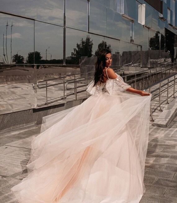 Wedding Dress with Straps and Removable Butterfly Sleeves, Simple Wedding Gown, Romantic Bride Dress, A Line Tulle Bridal Dress, Bridal Gown