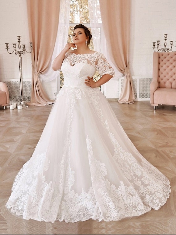 Plus Size Lace and Tulle Wedding Dress With Sleeves, Gorgeous Wedding Dress  With Sleeve, Plus Size Bride Dress, Brautkleid Plus Size -  Canada