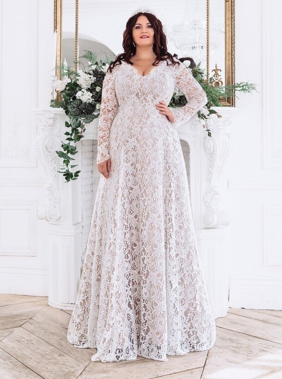 Plus Size Lace Wedding Dress With Long Sleeves Bridal Dress - Etsy