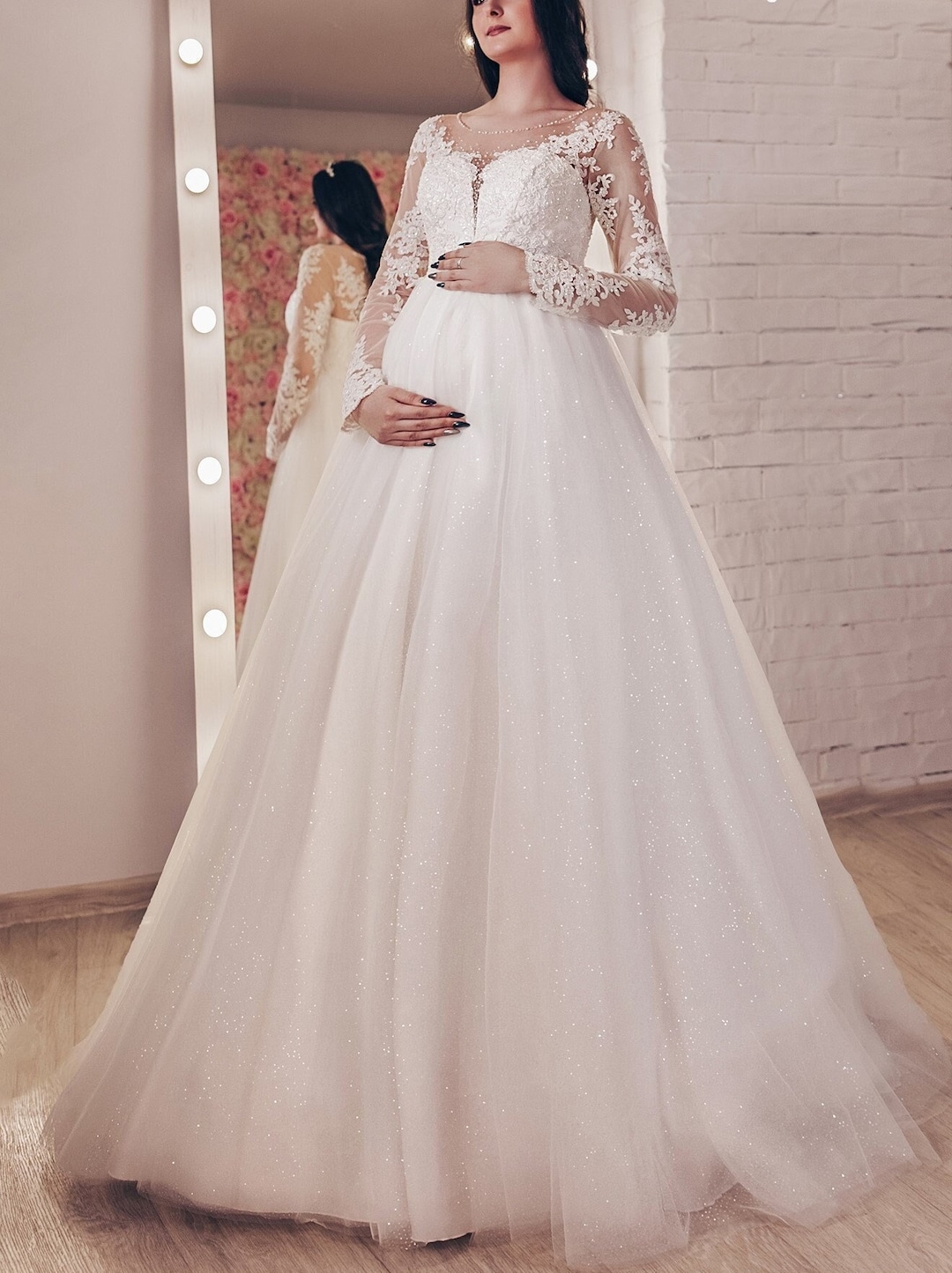 Maternity Wedding Dress With Long Sleeves, Beaded Lace and Sparkling ...
