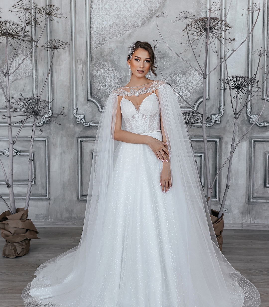 Stunning Wedding Dress With Cape Sparkling Tulle Wedding Etsy — free download