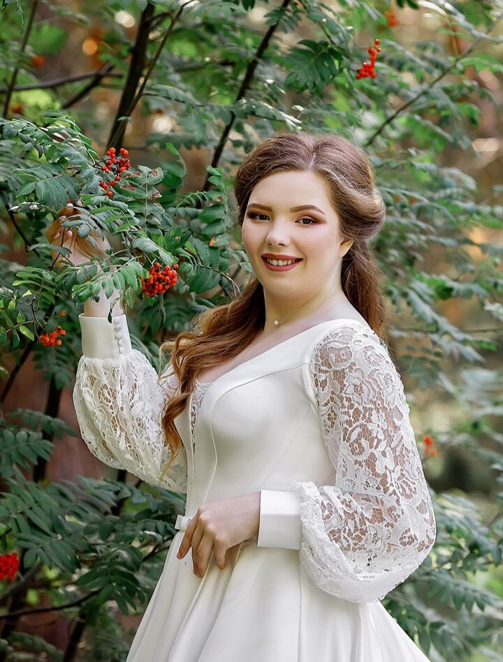 Satin Plus Size Wedding Dress With Soft Lace Puffy Sleeves Etsy Canada