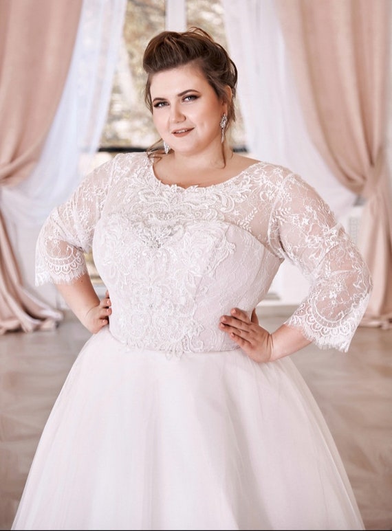 Plus Size Lace and Tulle Wedding With Sleeves -