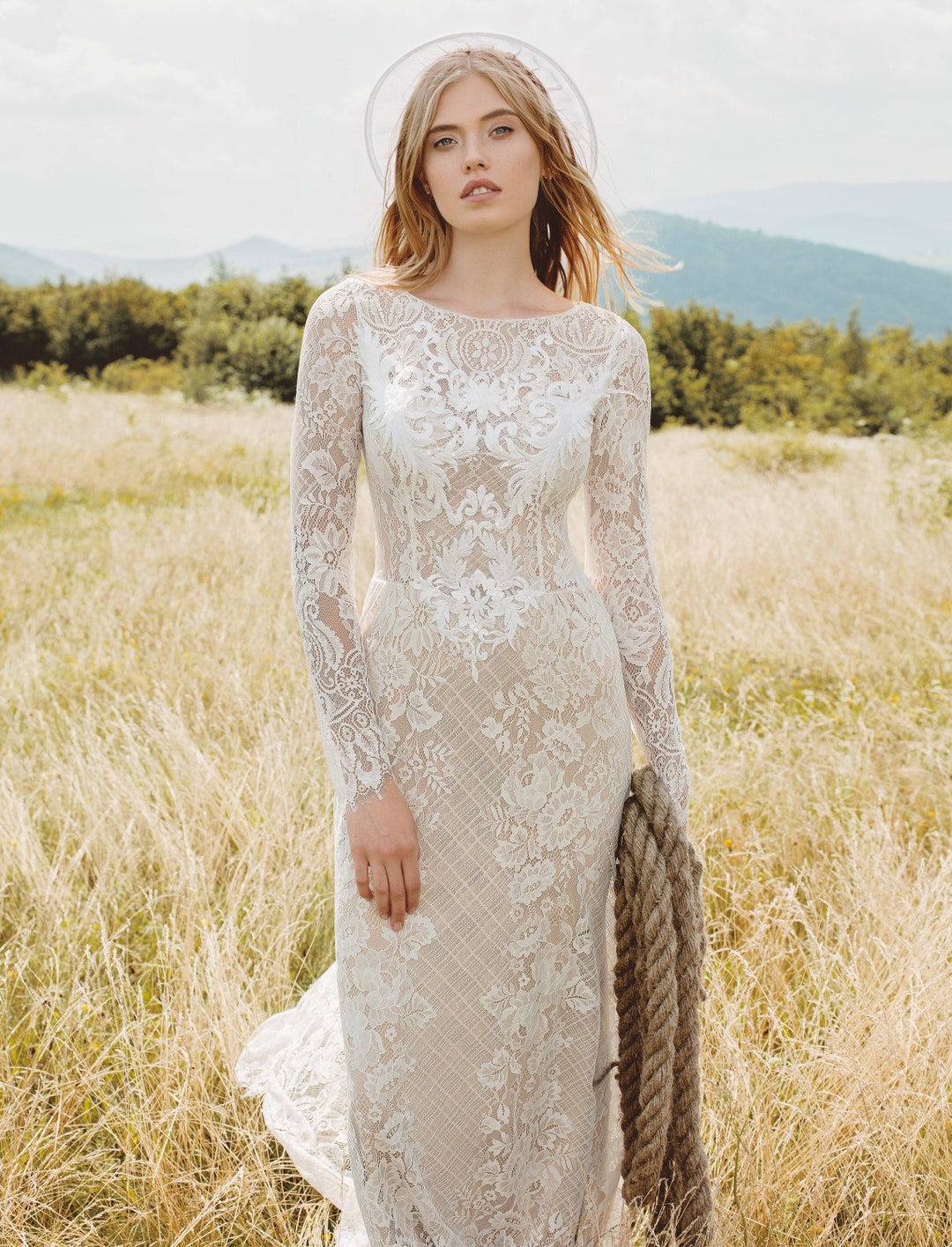 Bohemian Style Lace Wedding Dress With Long Sleeves, Beautiful Boho Lace Bridal Dress, Boho