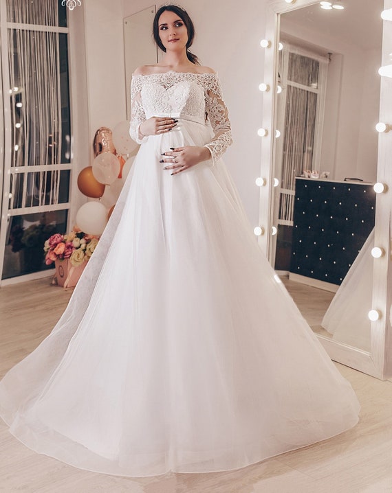 Maternity solid white shop lace off shoulder dress