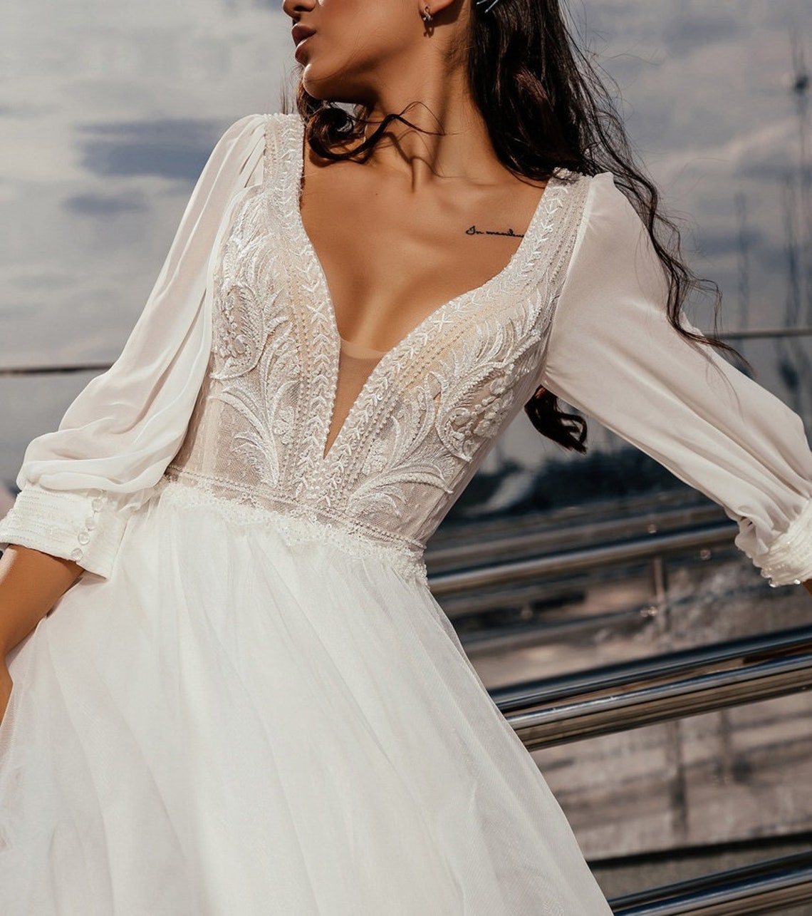 Ivory Tulle Bohemian Style Wedding Dress Chiffon Sleeves - Etsy