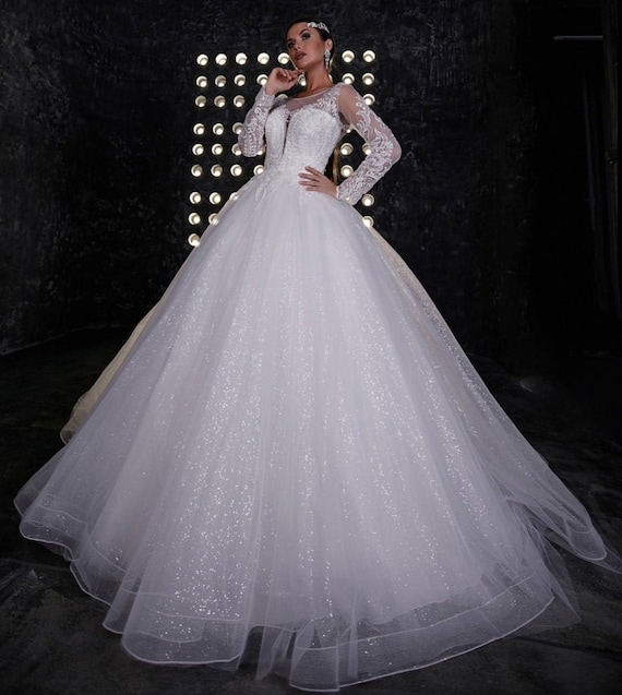 A-line Champagne Sparkling Glitter Tulle Wedding Dress With V-neckline Glam  Wedding Dress - Etsy