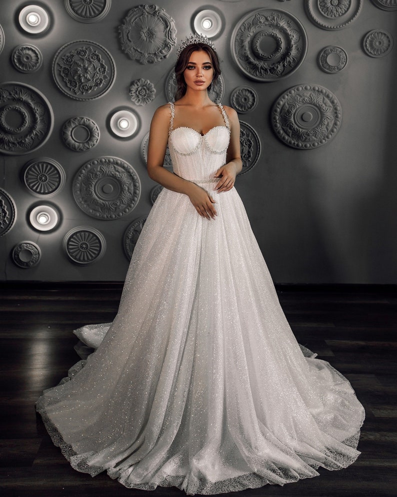 Sparkly wedding dress with beaded straps, beaded bodice, sparkling bride dress, ball gown wedding dress, bridal dress, gorgeous design dress image 1