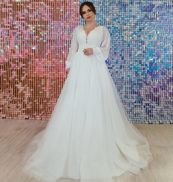 Plus Size Wedding Dress With Long Sleeves, ANY SIZE, Lace Bodice