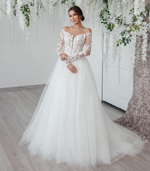 A Line Tulle Wedding Dress With Long Sleeves, Beaded Lace Bodice