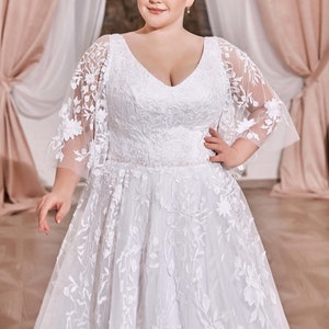 Plus Size Floral Lace Wedding Dress With Butterfly Sleeves a - Etsy