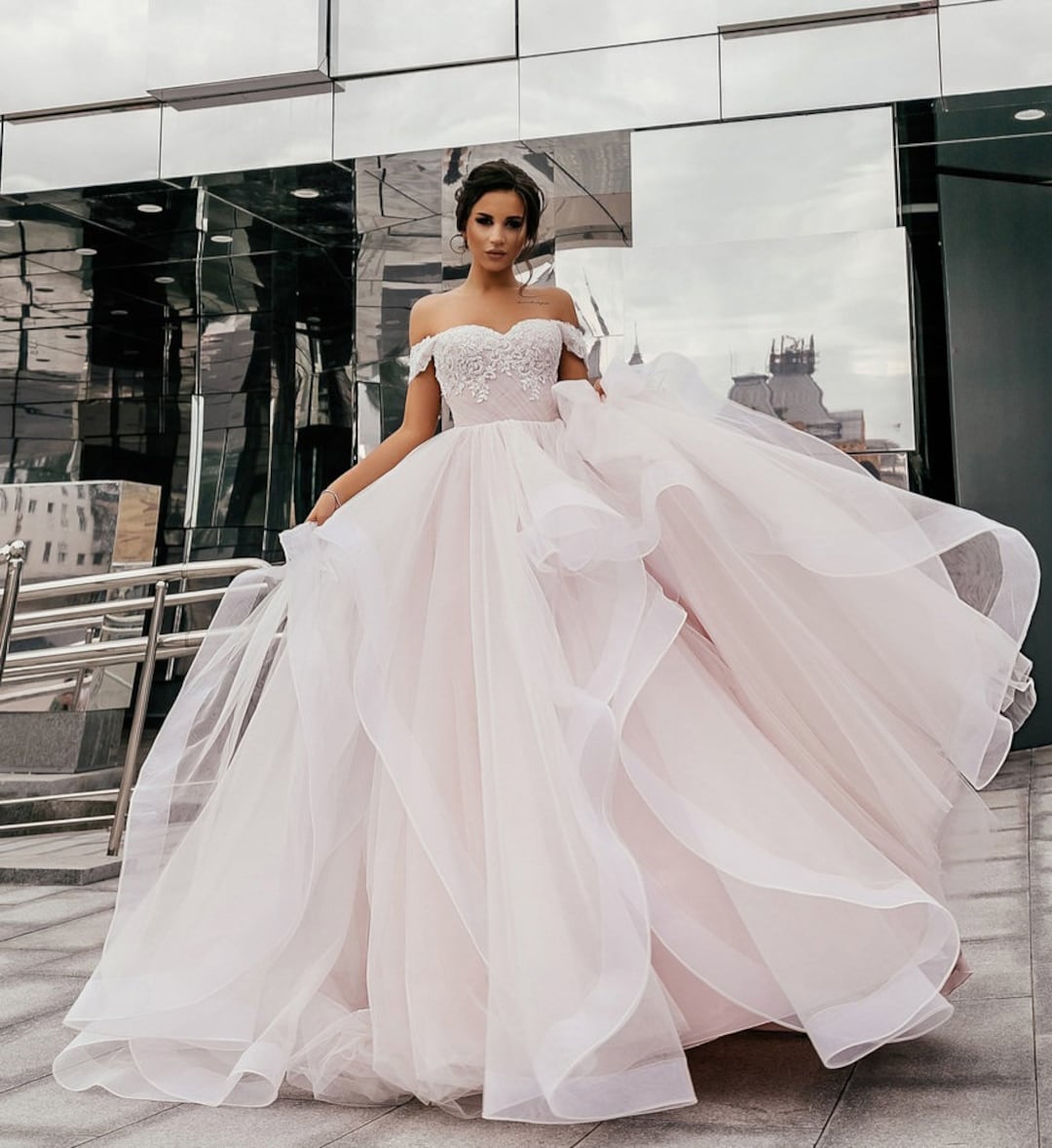 Off Shoulder Wedding Dress With Ruffle, Lace Bodice and Tulle
