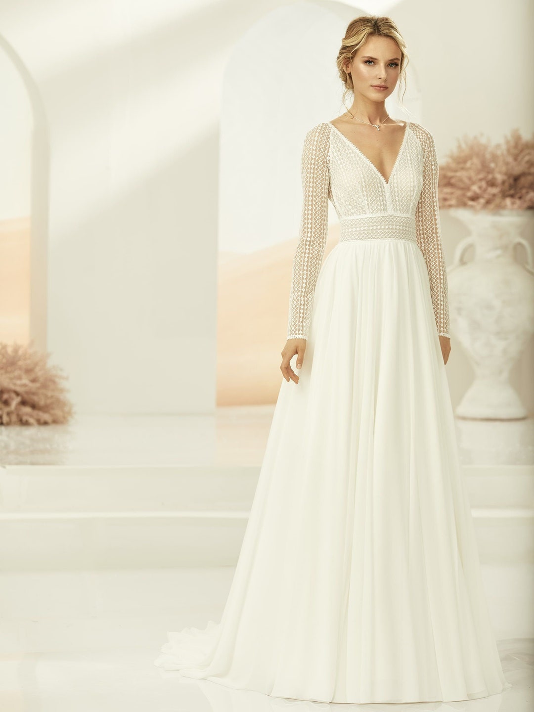 Boho Sleeved Flowy Lace Chiffon Wedding Dress