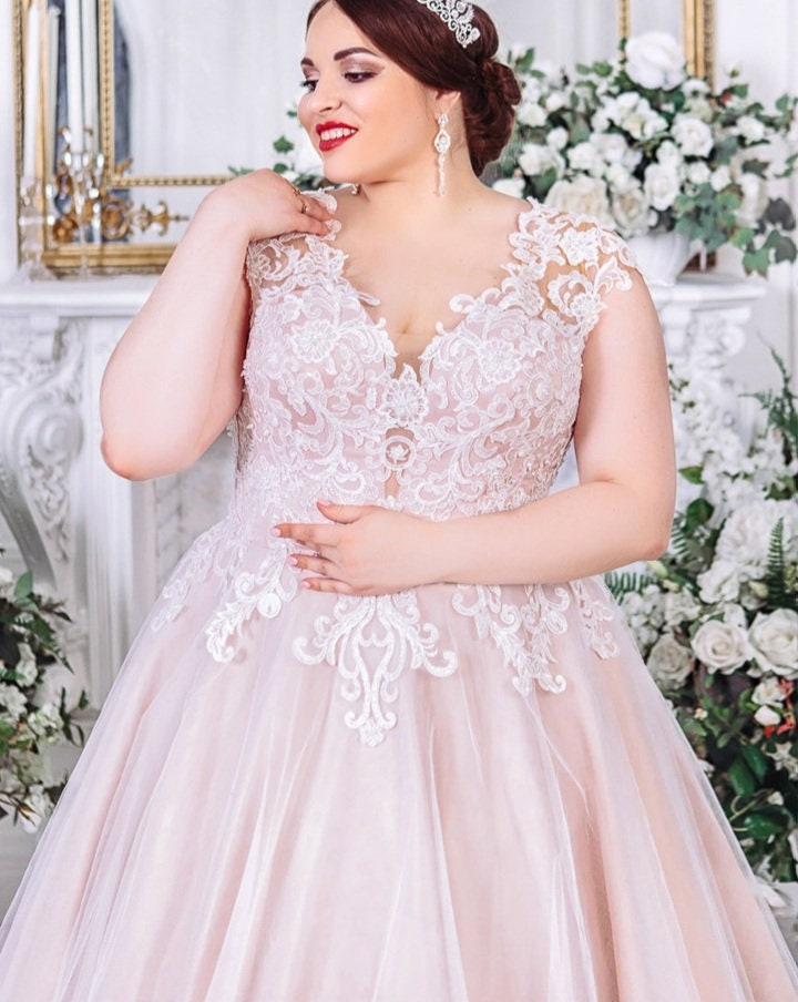 Blush pink wedding dress plus cheap size