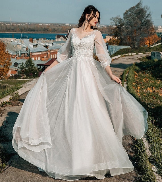 A Line Tulle Wedding Dress With Long Sleeves, Beaded Lace Bodice With Bra  Cups, Wedding Dress With Transparent Sleeves, Bridal Dress -  Canada