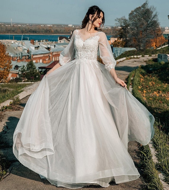 A Line Tulle Wedding Dress With Long Sleeves, Beaded Lace Bodice