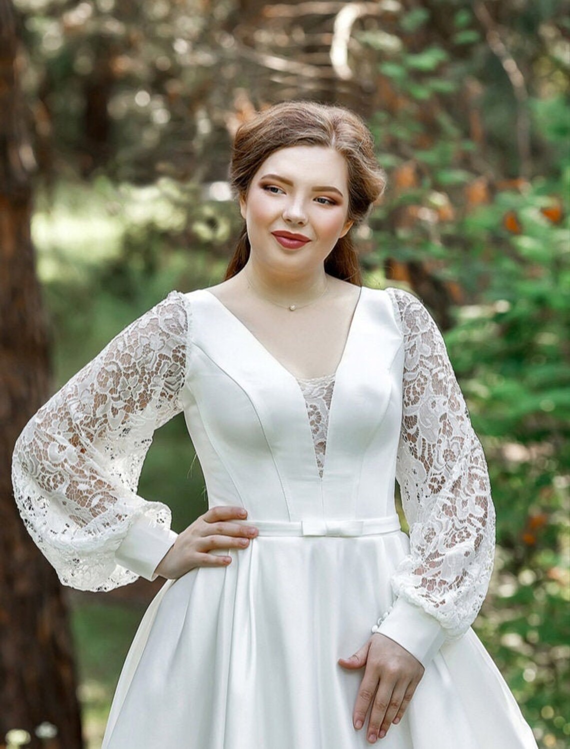 Satin Plus Size Wedding Dress With Soft Lace Puffy Sleeves | Etsy