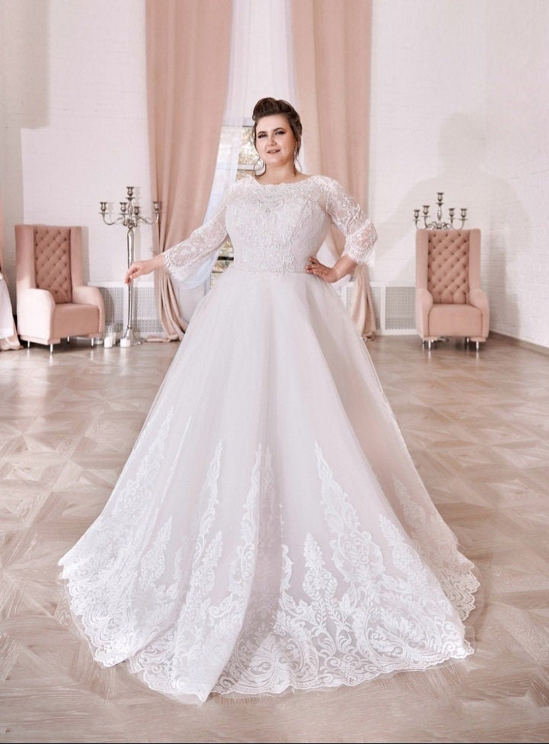 Plus Size Lace and Tulle Wedding Dress With Sleeves Etsy Ireland
