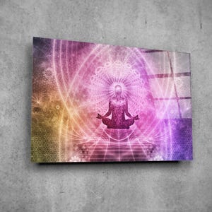 Decoración de pared de vidrio con meditación y yoga colorida - Arte de pared de vidrio - Escultura de pared - Diseño de interiores - Regalo de cumpleaños - Arte de pared de vidrio templado