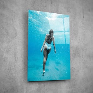 Woman Diving Sea Glass Wall Art: Modern Tempered Glass Home Decor