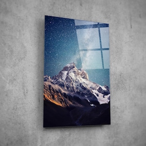 Decoración de pared de vidrio con noche estrellada de montaña - Arte de pared de vidrio para decoración del hogar - Escultura de pared - Diseño de interiores - Regalo de cumpleaños - Arte de pared de vidrio templado