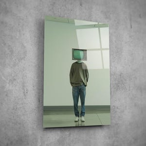 Decoración de pared de vidrio con cabeza de TV - Arte de pared de vidrio para decoración del hogar - Escultura de pared - Diseño de interiores - Regalo de cumpleaños - Arte de pared de vidrio templado