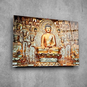 Decoración de pared de vidrio con templo de Buda - Arte de pared de vidrio para decoración del hogar - Escultura de pared - Diseño de interiores - Regalo de cumpleaños - Arte de pared de vidrio templado