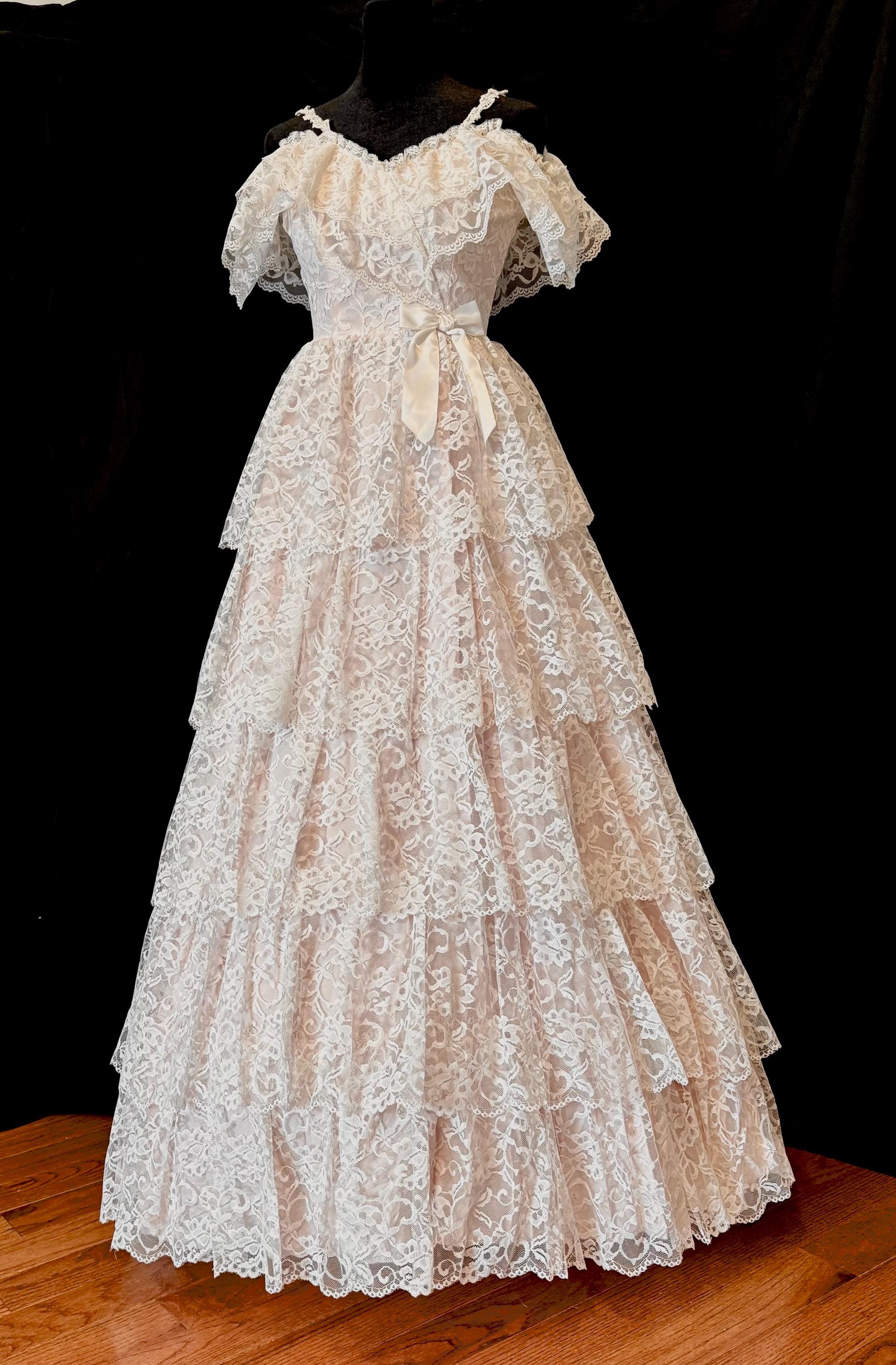 Vintage Pink Lace Formal Dress: 70s Wedding Prom Gown, Size 2-4, Rosie
